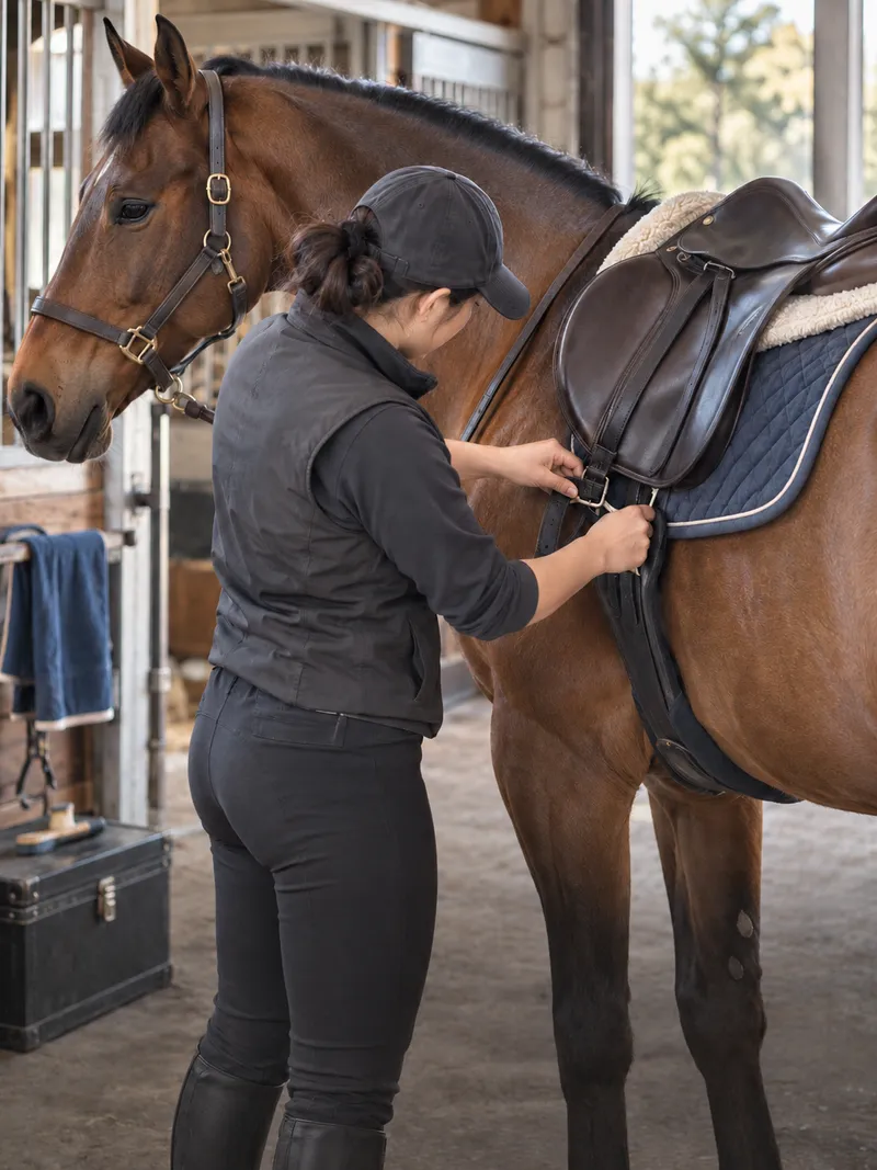 Trainer grooming a horse in a stable aisle