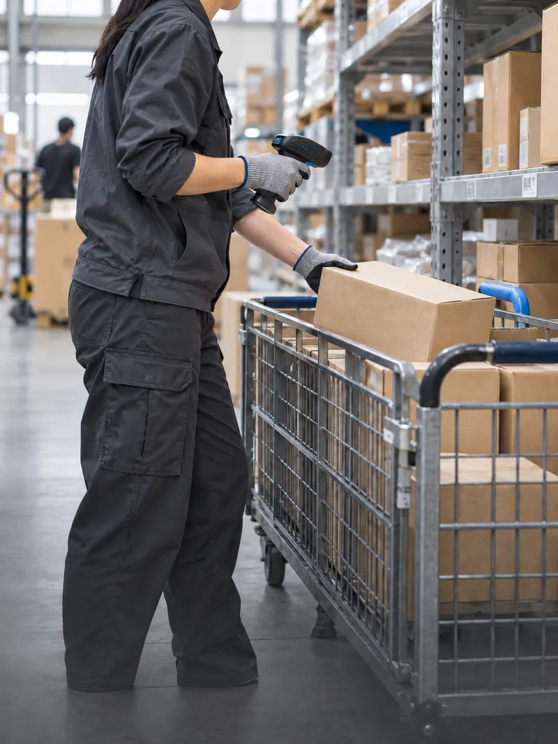 Worker scanning a box in a warehouse