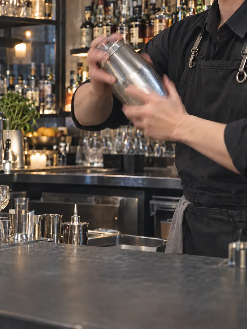 Bartender straining a cocktail into a coupe glass