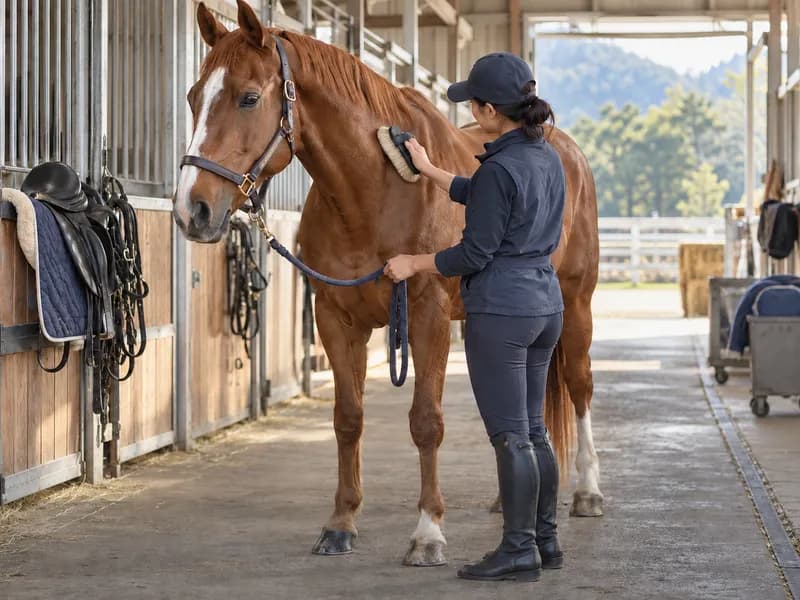 Trainer fastening a saddle girth in a stable barn