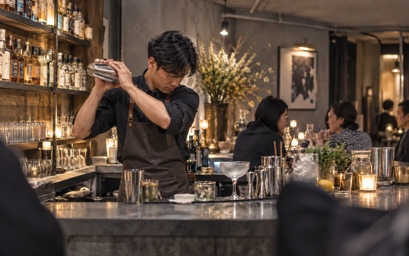Bartender shaking a cocktail in a busy candlelit bar