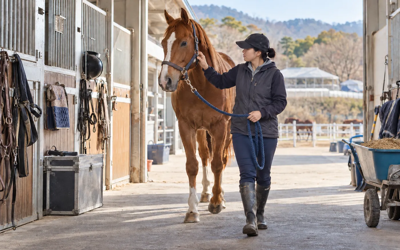 Trainer walking a horse down a stable aisle